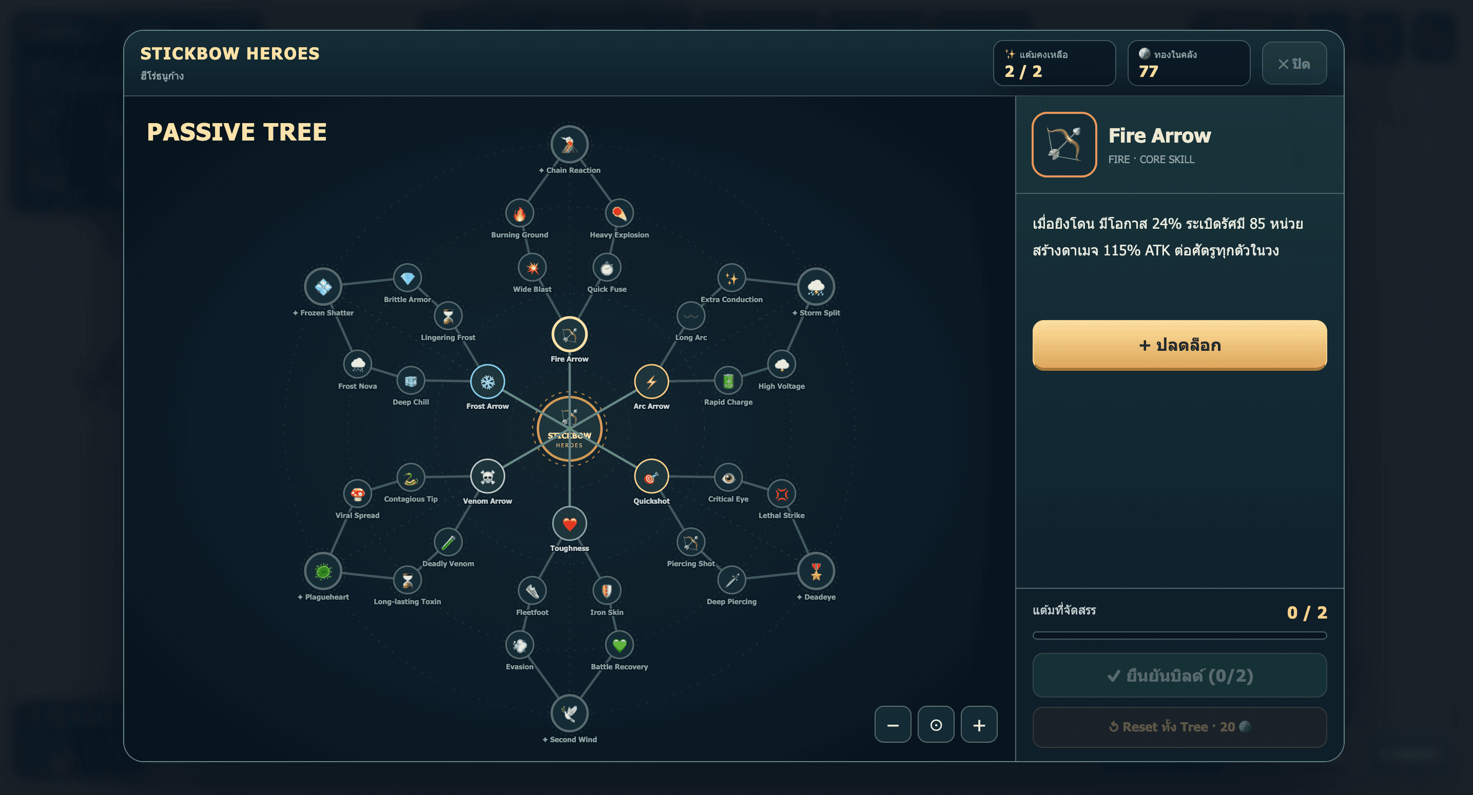 ภาพหน้าจอจริง Passive Tree ของ Stickbow Heroes แสดงต้นไม้สกิลหกสาย โหนด และรายละเอียดสกิล Fire Arrow